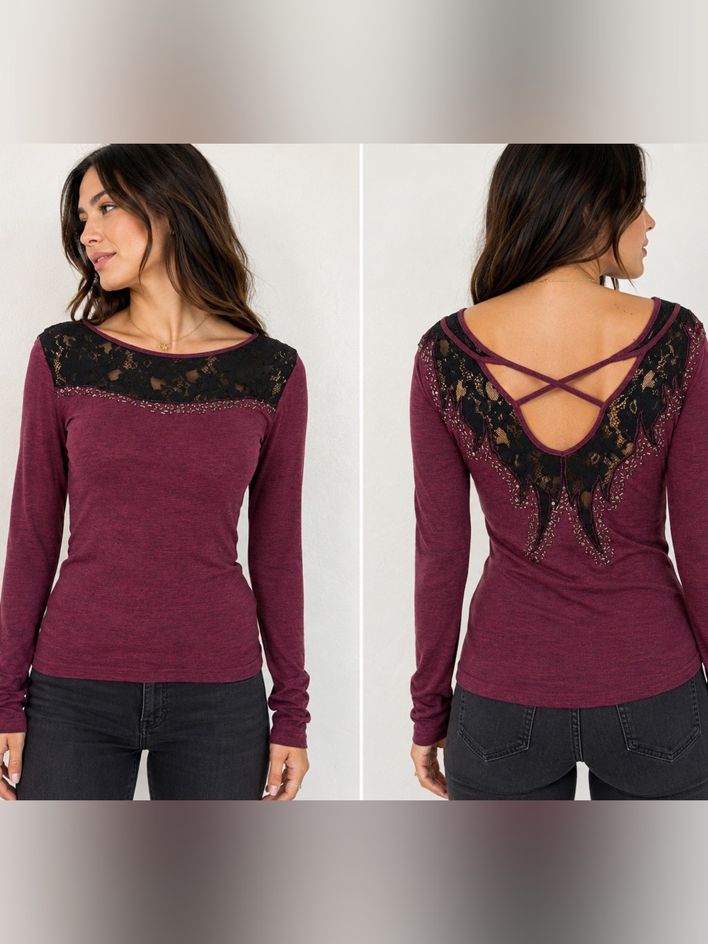 Y2K Miss Me Bead/Sequin Embellished Long Sleeve Sheer Lace Criss-cross back Top